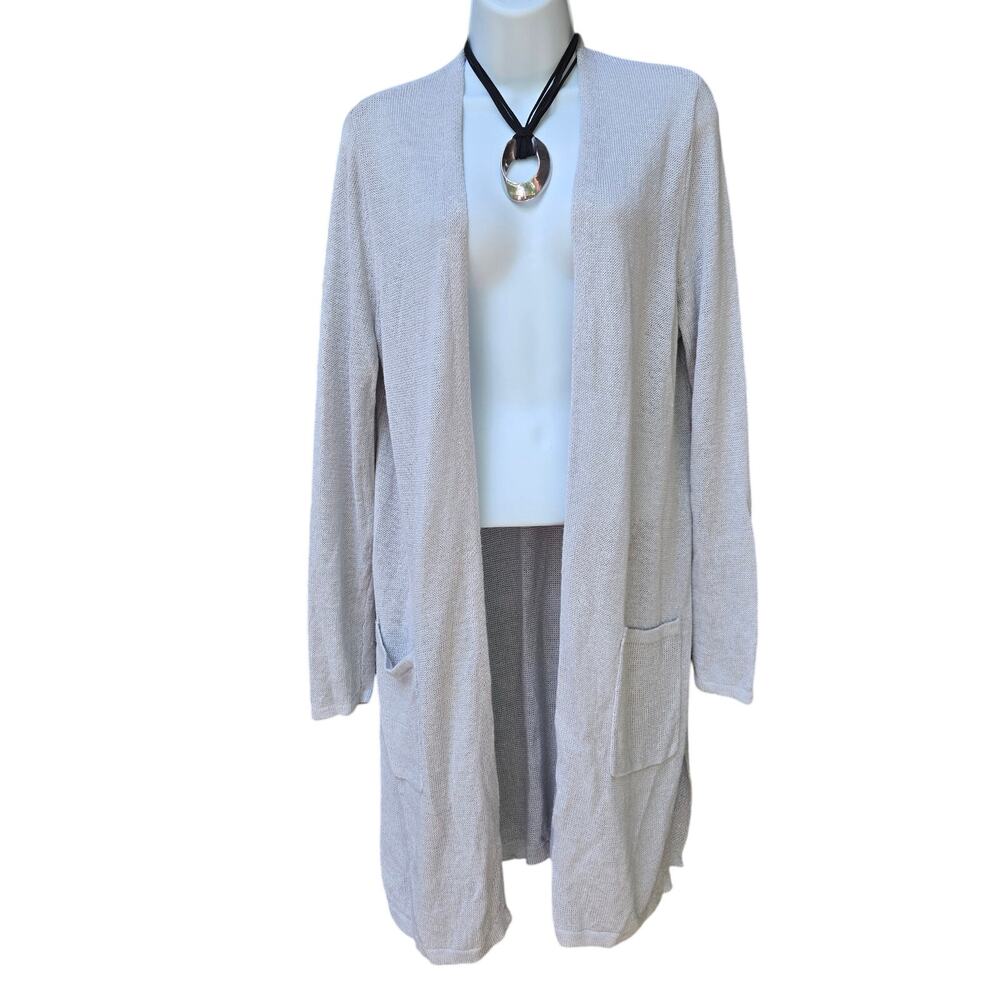 J Jill Women Lagenlook Minimal Coastal Open Knit  Linen Blend Cardigan Duster M